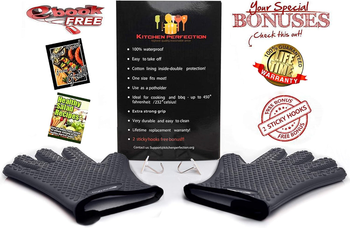KITCHEN PERFECTION XL Silicone Smoker Oven Gloves-Extreme Heat Resistant BBQ Gloves-Handle Hot Food Right on Your Grill Fryer&Pit|Waterproof Grilling Cooking Baking Mitts|Superior Value Set+3 Bonuses