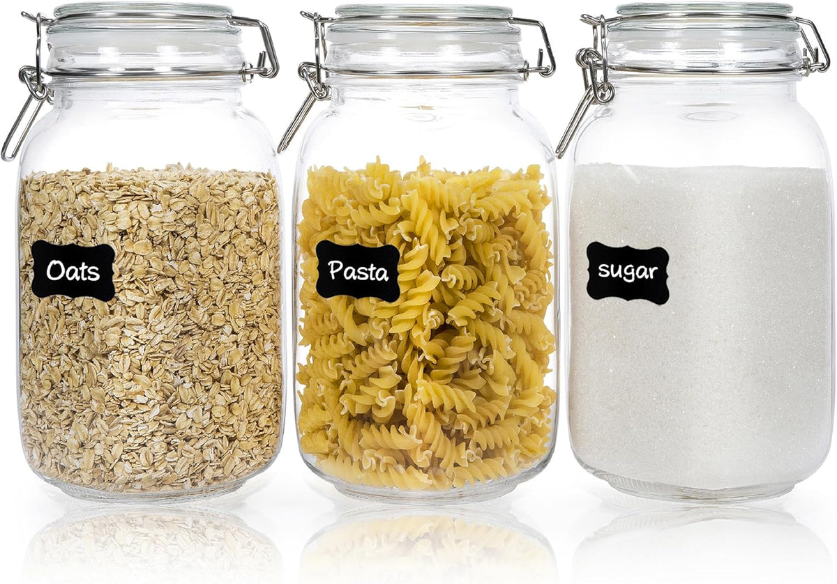 CHEFSTORY 50oz Airtight Glass Jars with Lids, 3 PCS Food Storage Canister for Kitchen & Pantry Organization, Square Mason Jar Containers for Storing Sugar, Flour, Cereal,Coffee,Cookies
