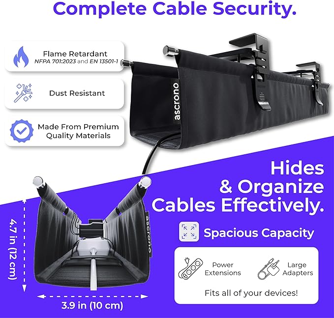 Ascrono Original No Drill Under Desk Cable Management Tray 40.6" - Premium Black Fabric Cable Management Under Desk - Clamp/Screw Mount Cord Organizer - Supports Upto 66lbs - Large