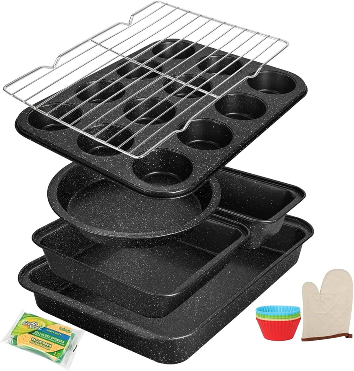 Bakeware Sets 6 Pcs, Non Stick Baking Pans Set, Black Speckled Kitchen Baking Set, Stackable Storage, Easy Clean & Even Heating, with Cooling Rack, Cake, Muffin, and Loaf Pan