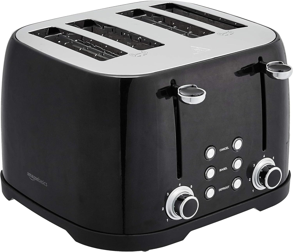 Amazon Basics 4 Slice Toaster, 6 Browning Settings, Removable Crumb Tray, Bagel and Defrost Function, Cancel Button, 1600W, Black
