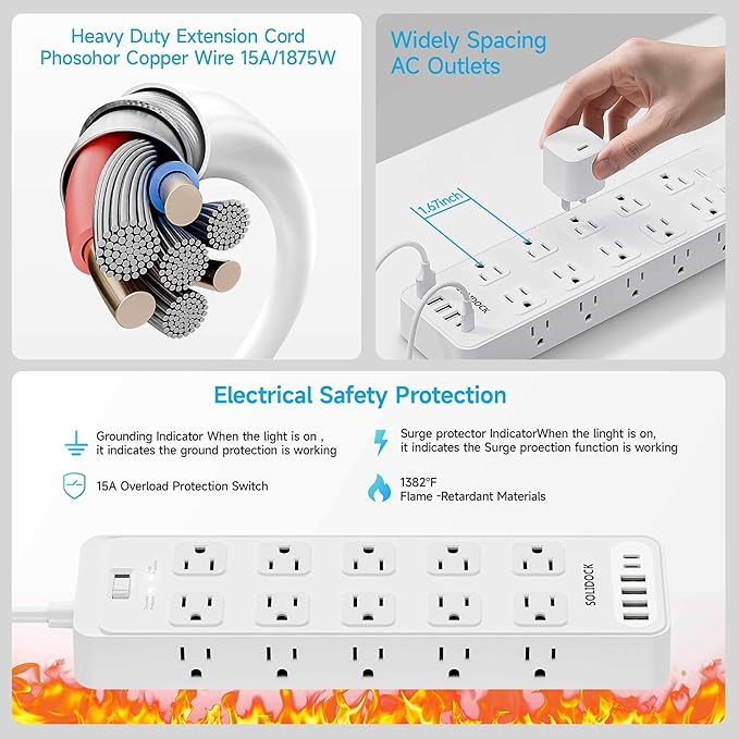 Power Strip Surge Protector Flat Plug with 20 AC Outlets 6 USB Chagring Ports, 1875W/15A, 2700J, 10 Ft Heavy Duty Extension Cord for Home, Office, Dorm, Gaming,ETL Listed (White, 10FT)