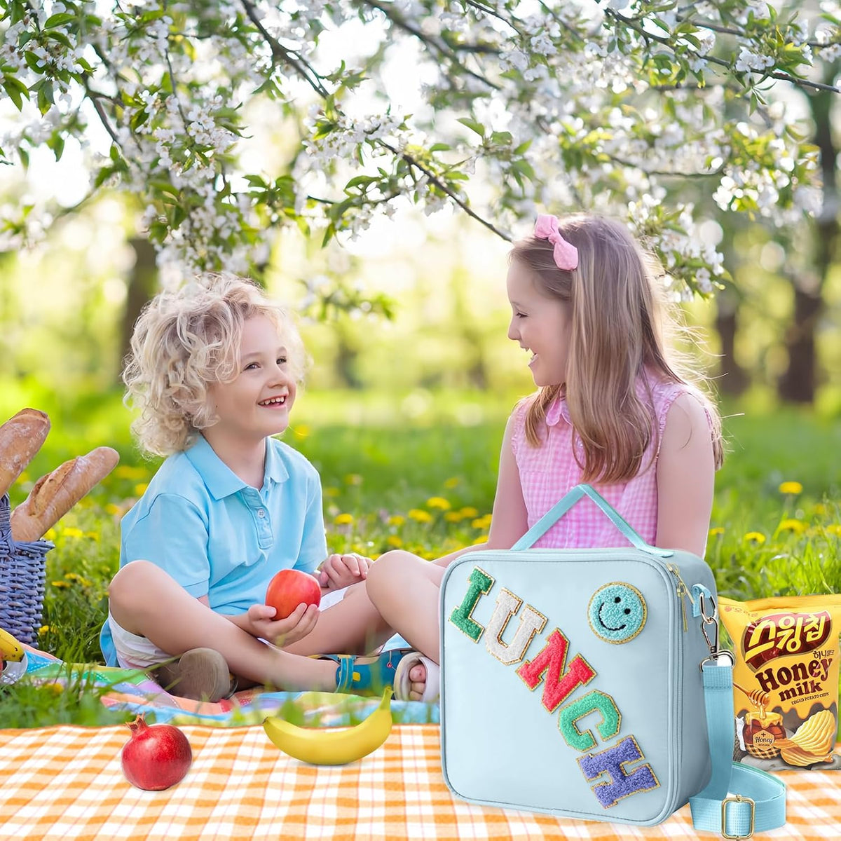 Insulated Lunch Bag With Adjustable Shoulder Strap, Nylon Preppy Lunch Box Large Insulated Lunch Bag Reusable Lunch Tote Bag with Smiley Preppy LunchBag for Girls School Travel Picnic (Blue)