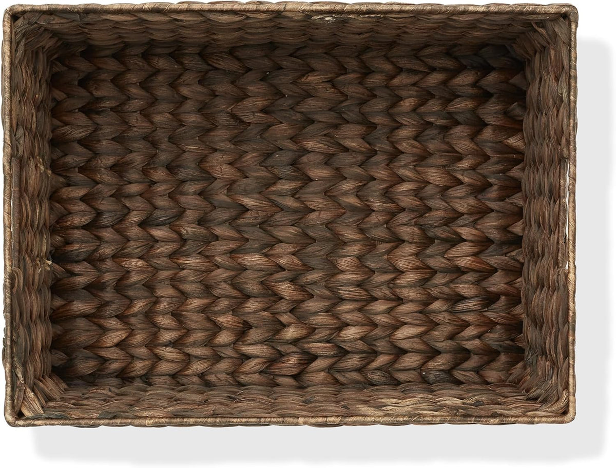 Casafield Set of 2 Water Hyacinth Pantry Baskets, 12-1/2" x 17" x 8", with Chalkboard Labels and Chalk Marker - Espresso, Woven Storage Bin Organizers for Kitchen Shelves