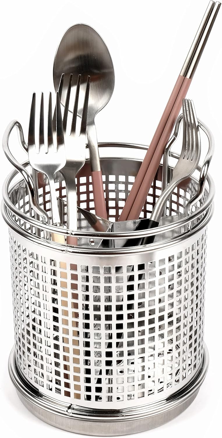 LENITH Stainless Steel Kitchen Round Utensil Holder - Weighted Base for Stability - Utensil Crock With Removable Divider for Easy Cleaning (Round Tulip)