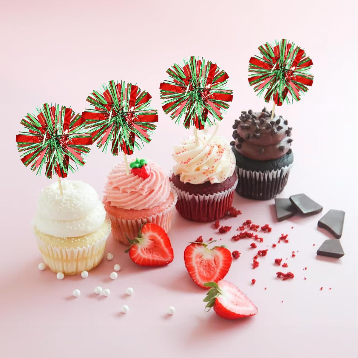 Ephlyn 30Pcs Foil Firework Cupcake Toppers Sparkle Tinsel Drink Birthday Cake Decorations Cocktail Food Fruit Toothpick for New Years Wedding Birthday Party Decorations Red Green