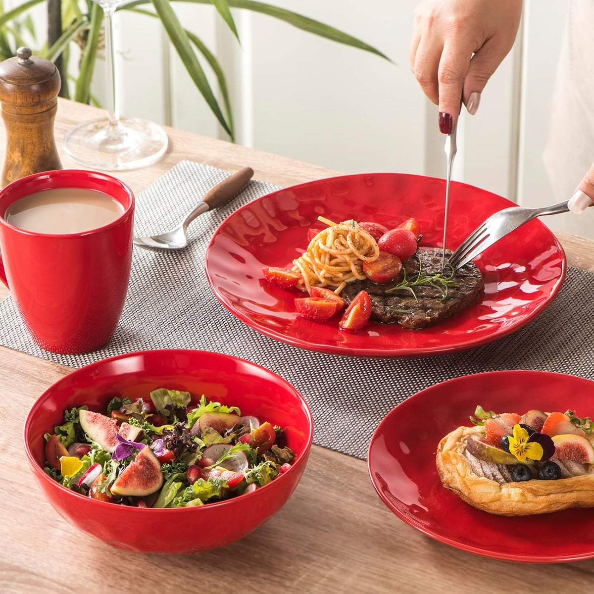 Vicrays Ceramic Pasta & Soup Bowls, Large Salad Bowls - Set of 6 Red, Fluted Stoneware, Dishwasher & Microwave Safe