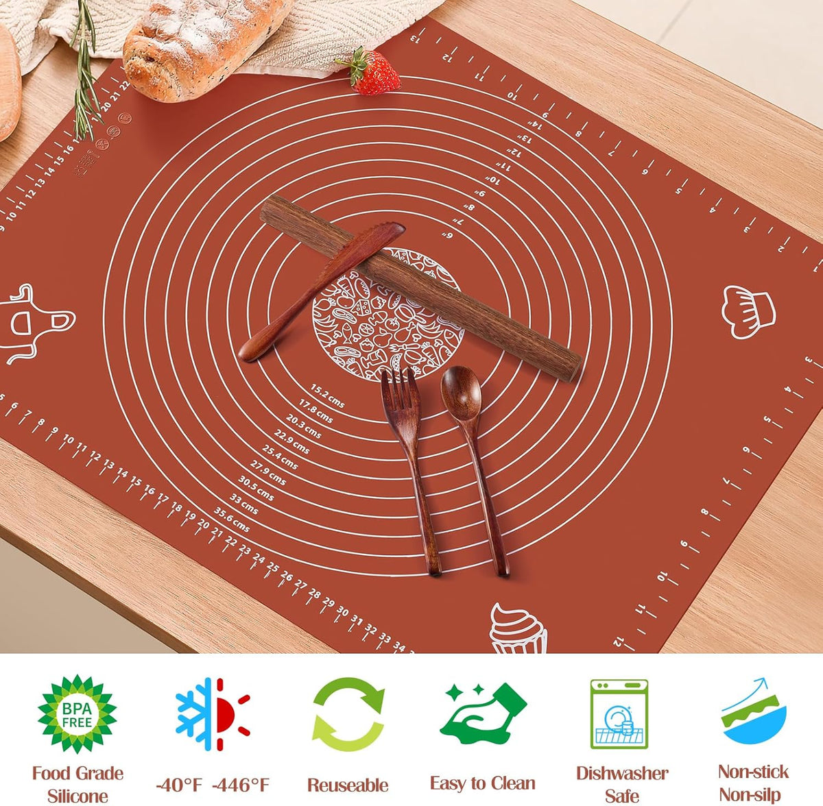 6PCS Silicone Baking Mat Set, Pastry Mat with Measurements Wooden Rolling Pin/Knife/Fork/Spoon/Scraper, Pasta Cutter,Non-slip Silicone Mat, Non-Stick Dough Mat for Counter,Kneading Mat Set,20"*16"