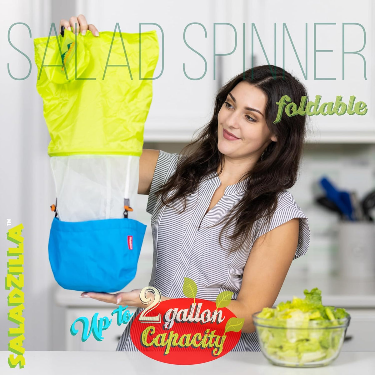 Saladzilla by Kahuna Gear: Large Salad Spinner, 2 Gallon Capacity (8 Qt.), Collapsible & Portable [Vegetable/Sprouts/Microgreen/Herb Dryer] Durable BPA-Free Fabric