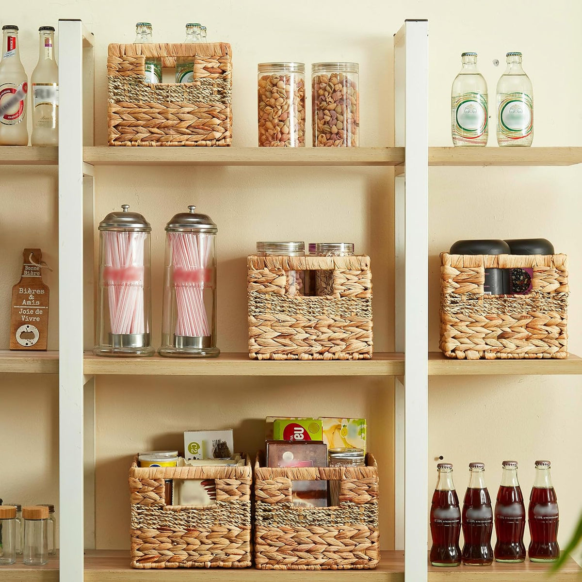 Hand-woven Water Hyacinth Baskets, Pantry Organizers and Storage with Handles, Decorative Wicker Baskets for Organizing Shelves, Laundry (10x8.5x7in 2-Pack, Natural Hyacinth)