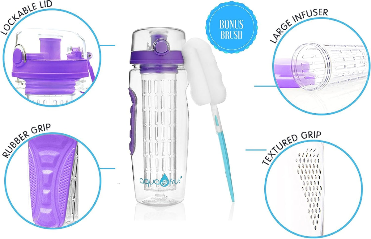 AquaFrut 32 OZ Fruit Infuser Water Bottle BPA-Free Fruit Infusion Sports Bottle - Flip Top Lid w Drinking Spout, Leak Proof, Made of Durable Tritan. Free Recipe eBook! (Purple)