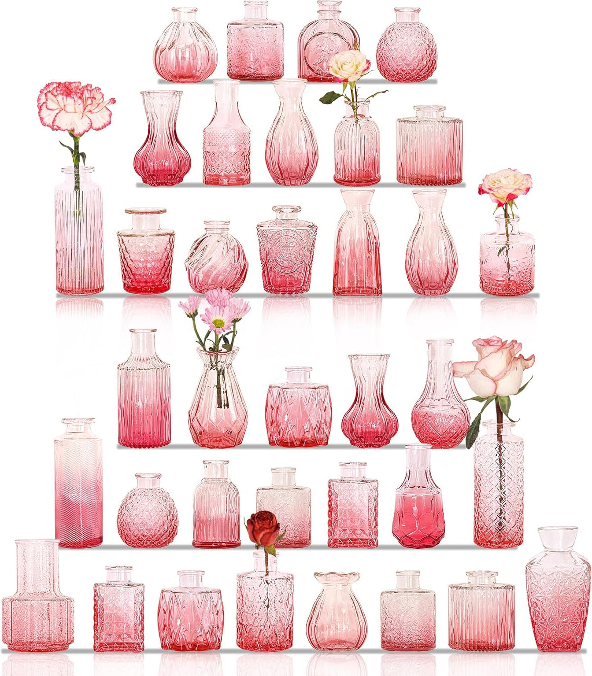 36Pcs Bud Vases Set Small Vintage Glass Bottles Pink Bud Vases in Bulk Multiple Shape Cute Glass Vases for Rustic Wedding Centerpieces Table Decorations and Home Decor(Pink)