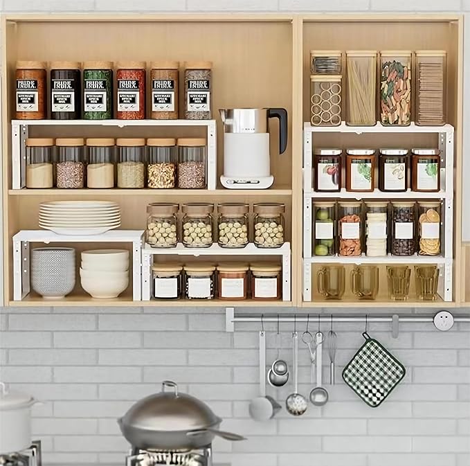 Expandable Spice Rack Organizion for Kitchen Cabinet, Seasoning,Bathroom Organizer Display Shelf, Stackable Multi-Purpose Shelves.Easy-to-Install（1Pack/White,Medium