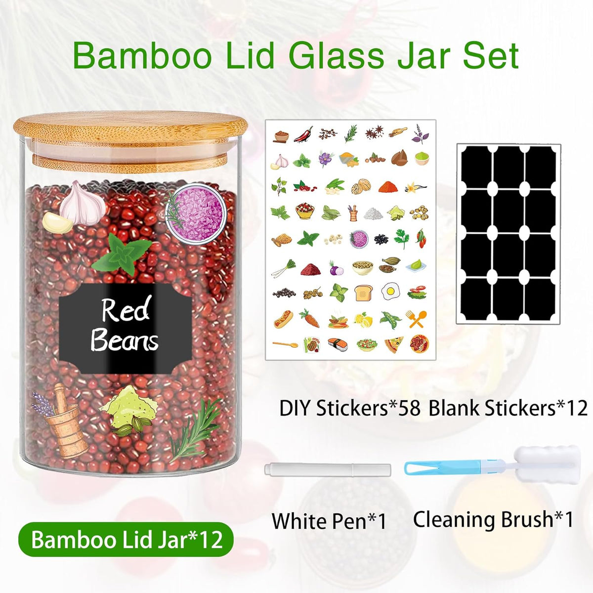 Glass Jars with Bamboo Lids 20 oz, 12 Pcs Stackable Kitchen Glass Pantry Storage Containers with Airtight Bamboo Lids for Rice, Candy, Sugar, Flour, Nuts, Cookie, Bean