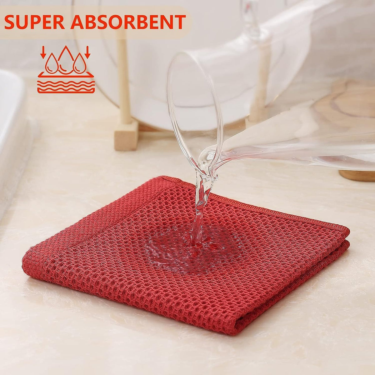 Kitinjoy 100% Cotton Kitchen Dish Cloths, 12 Pack Waffle Weave Ultra Soft Absorbent Dish Towels for Drying Dishes Quick Drying Kitchen Towels Dish Rags, 12 X 12Inch, Brick Red