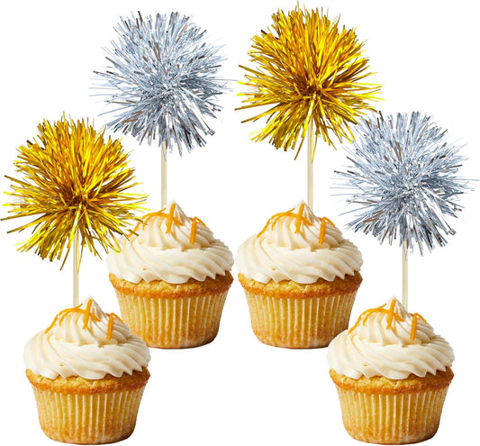Gyufise 30Pcs Foil Firework Cupcake Toppers Sparkle Tinsel Cake Toppers Tinsel Drink Cake Decoration Cocktail Picks for Birthday Wedding Graduation Party Supplies Gold Silver