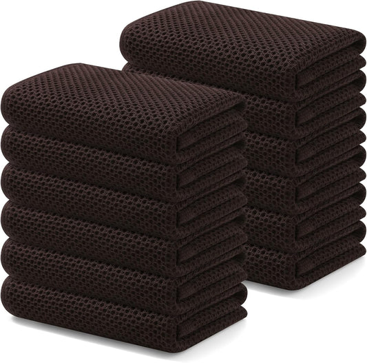 Kitinjoy 100% Cotton Waffle Weave Kitchen Towels, 12-Pack Super Soft and Absorbent Dish Towels for Drying Dishes, Kitchen Hand Towels, 13 in x 28 in, Dark Brown