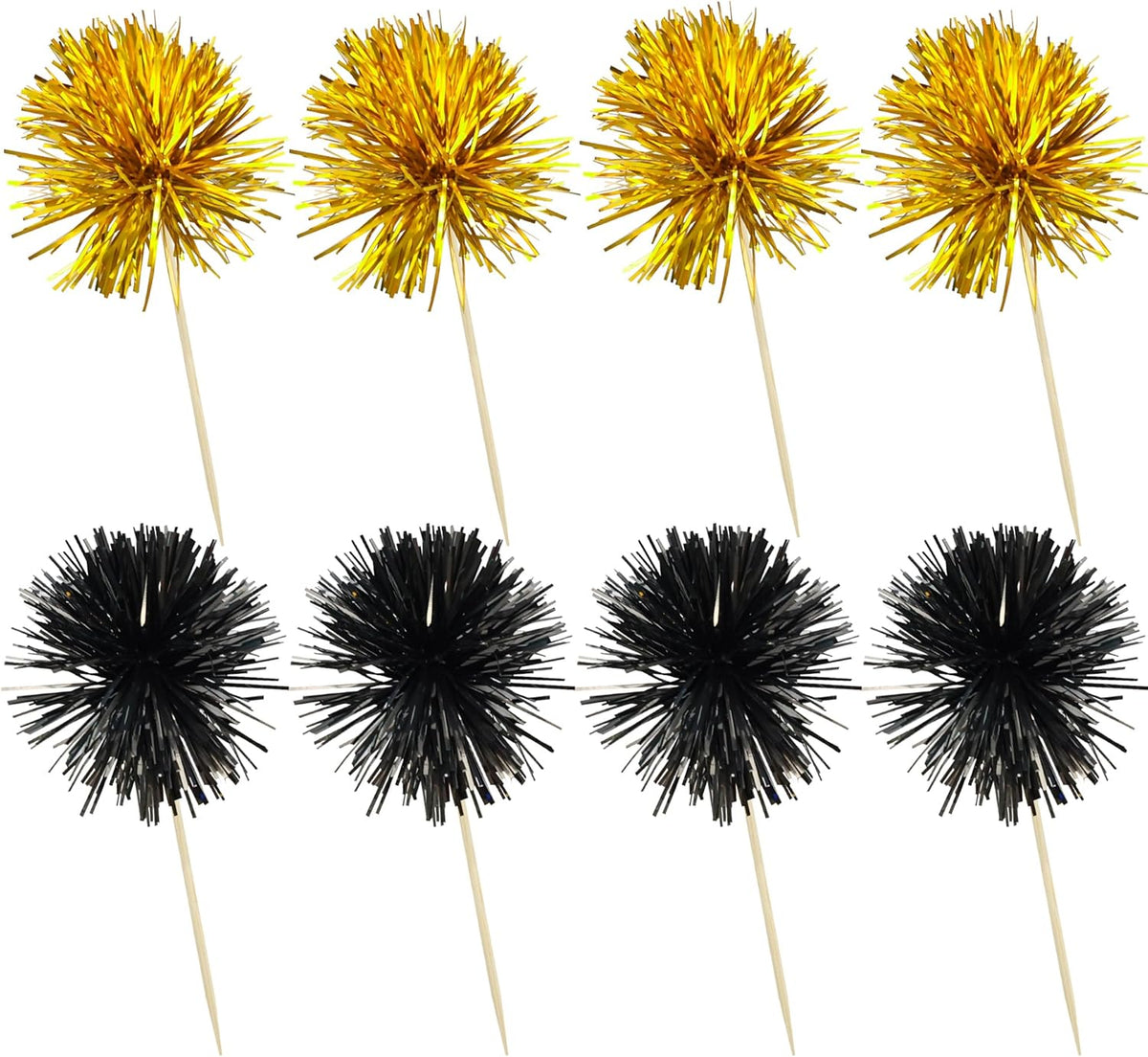 Ephlyn 30Pcs Foil Firework Cupcake Toppers Sparkle Tinsel Cupcake Picks Happy Birthday Cake Decorations Drink Stirrers Cocktail Food Toothpicks for Baby Shower Graduation Party Supplies Black Gold