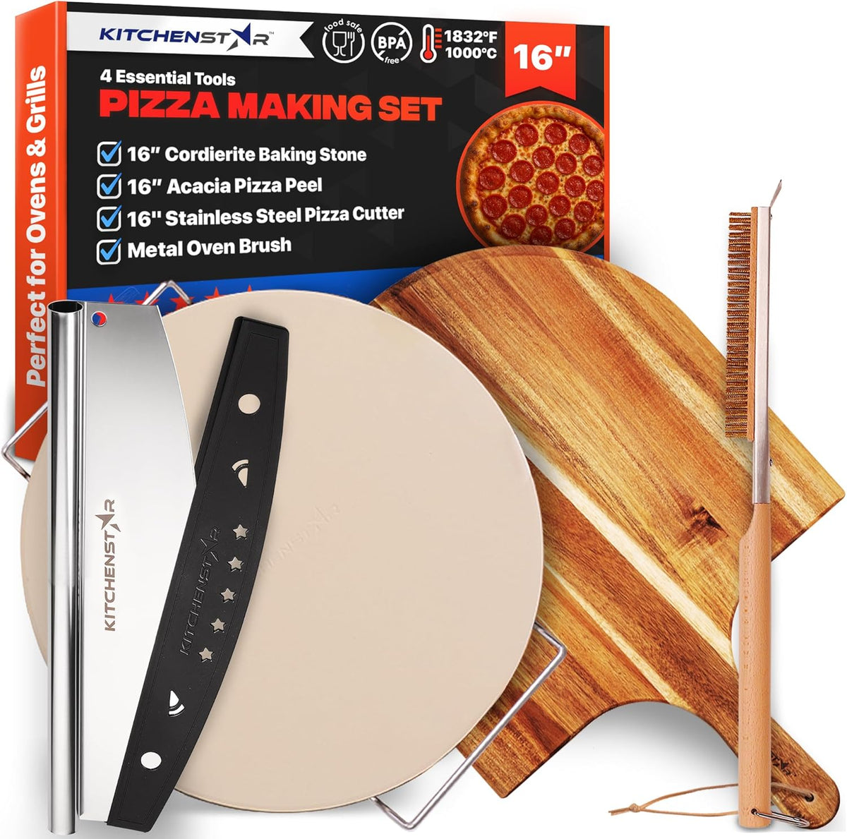 KitchenStar 16-inch Pizza Making Set, 4 Essential Tools - Pizza Stone + Stainless Steel Rack, Acacia Wood Pizza Peel, Pizza Cutter Rocker + Protective Cover, Metal Brush - Oven & Grill Accessories Kit