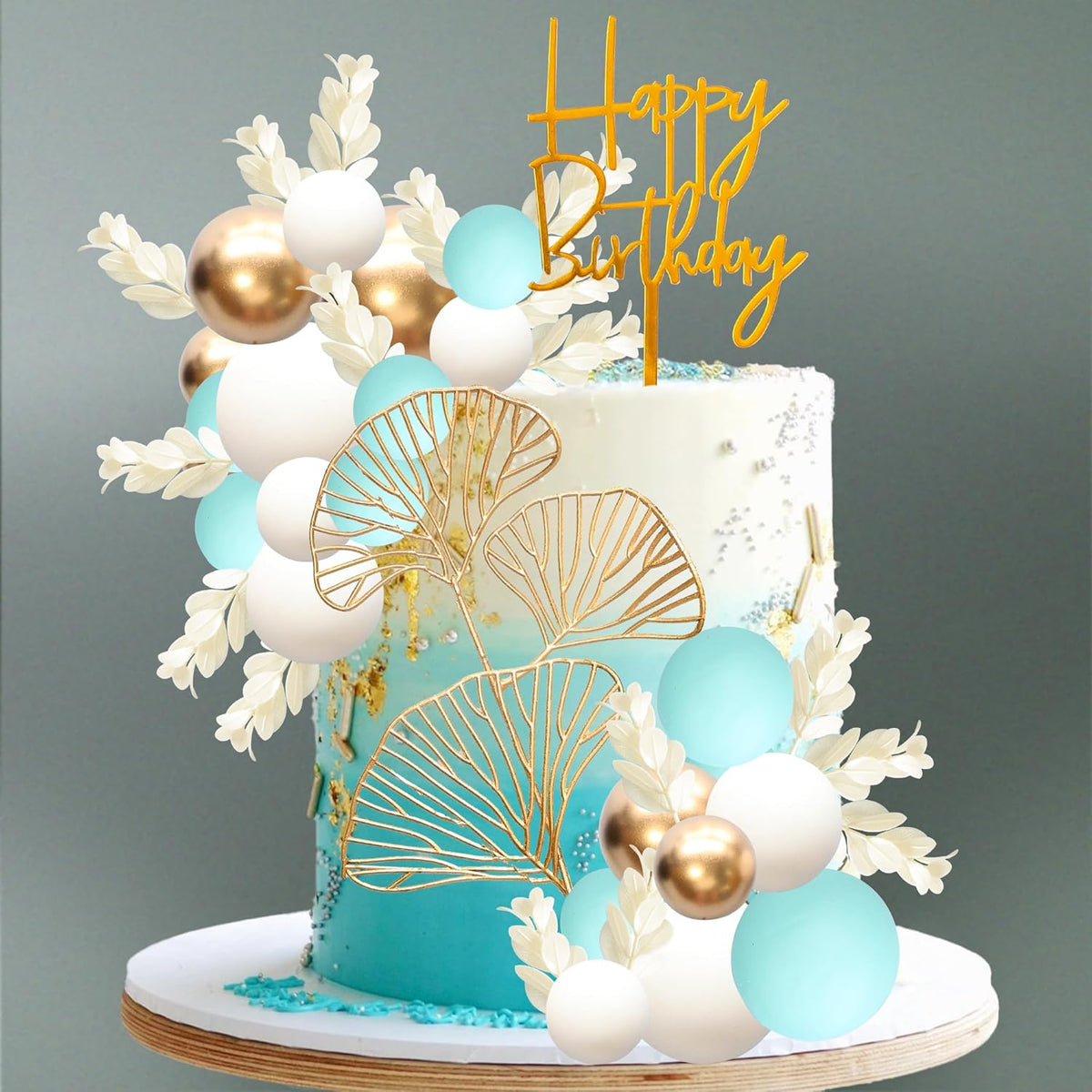 Gyufise 57Pcs Balls Cake Topper Boho Grass Cake topper Pearl Balls Acrylic Happy Birthday Cake Decorations for Wedding Baby Shower Birthday Boho Themed Party Supplies Light Blue