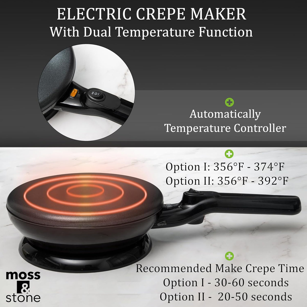 Moss & Stone Cordless Electric Crepe Maker With Auto Power Off, On/Off Switch & Dual Temperature Setting, 8 Inch Portable Crepe Maker & Non-Stick Dipping Plate, Nonstick Coating Pan Apo