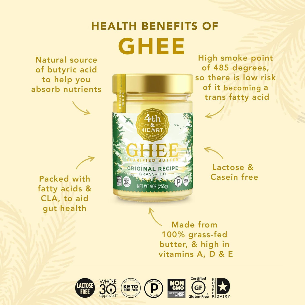 4th & Heart Original Grass-Fed Ghee, Clarified Butter, Keto, Pasture Raised, Lactose and Casein Free, Certified Paleo (32 Ounces)