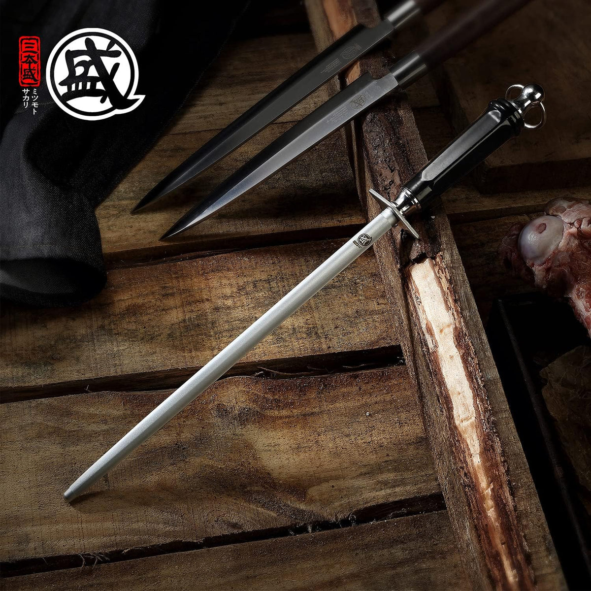 MITSUMOTO SAKARI 12 inch Japanese Honing Steel - Round Diamond Knife Sharpening Rod, Professional High Carbon Sharpener with ABS Handle & Powerful Magnet