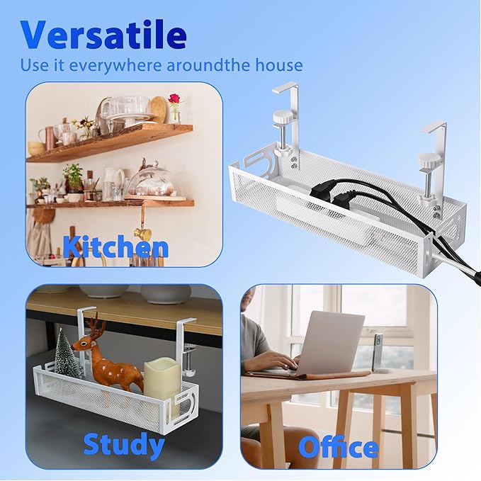 Under Desk Cable Management Tray – No Drill Cord Organizer & Power Strip Holder – Wire Cable Tray for Home Office Desk Setup (L-White)