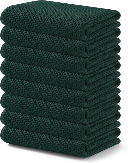 Kitinjoy 100% Cotton Waffle Weave Kitchen Towels, 8-Pack Super Soft and Absorbent Dish Towels for Drying Dishes, Kitchen Hand Towels, 13 in x 28 in, Blackish Green