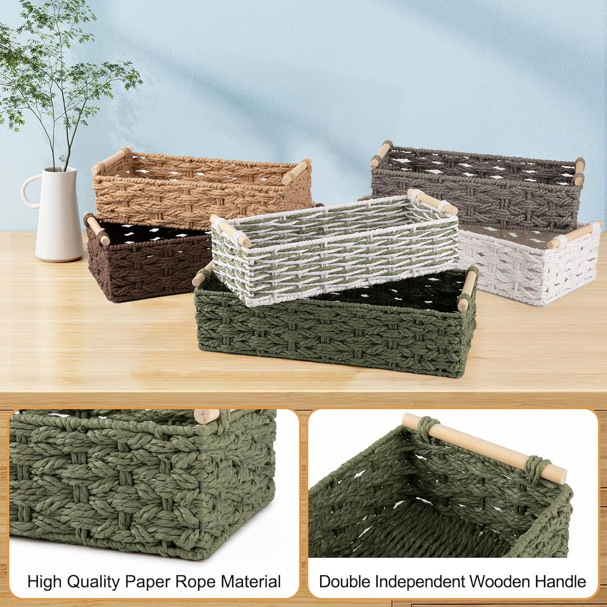 OIAHOMY Toilet Paper Baskets Handmade Paper Rope Decorative Wicker Storage Tank Shelf Cabinet Organizer for Bathroom Home, Set of 2, Green