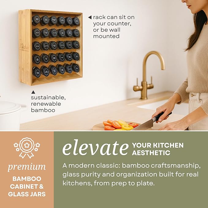 | Bamboo Spice Rack Organizer | 30 4 oz Spice Jars | 720 Labels | Funnel | Cabinet | Countertop | Pantry | Wall Mount