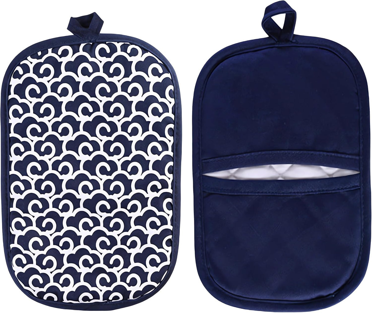 2 Pcs Pot Holders Sets for Kitchen Heat Resistant Oven Hot Pads with Pockets Non Slip Soft Grip Potholders for Baking Cooking (Blue2, 9.44 in X 7.0 in)