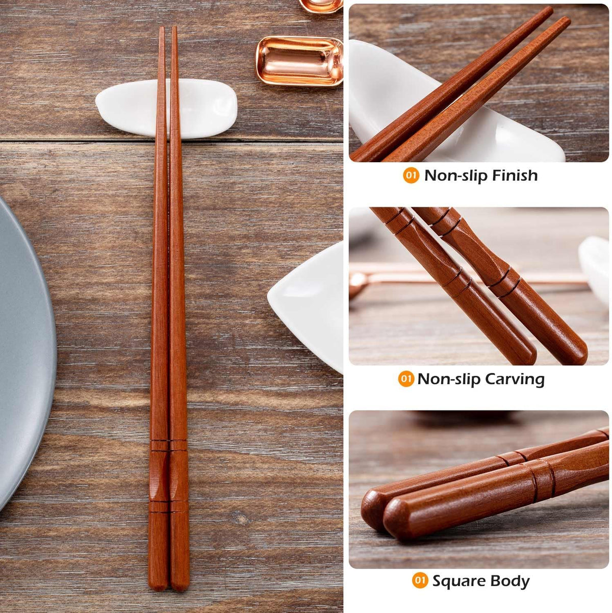 5-Pairs Japanese Chopsticks, Reusable, Non-slip Design, Natural Wood, Brown, 8.8 Inch/22.5cm, Easy to Use, Suitable for Beginners, Gift Set