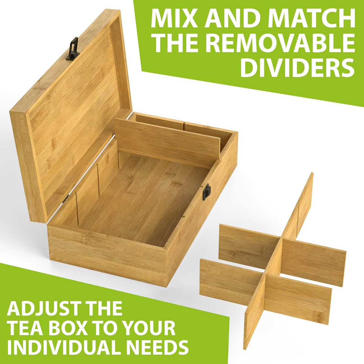 Bamboo Tea Organizer Box Chemical Free Eco-Friendly Big, Tall, Adjustable Cubbies Natural Wooden Storage Chest (8-Slot 14.3" x 8.1" x 4.2" with Tea Time Pot & Cups)