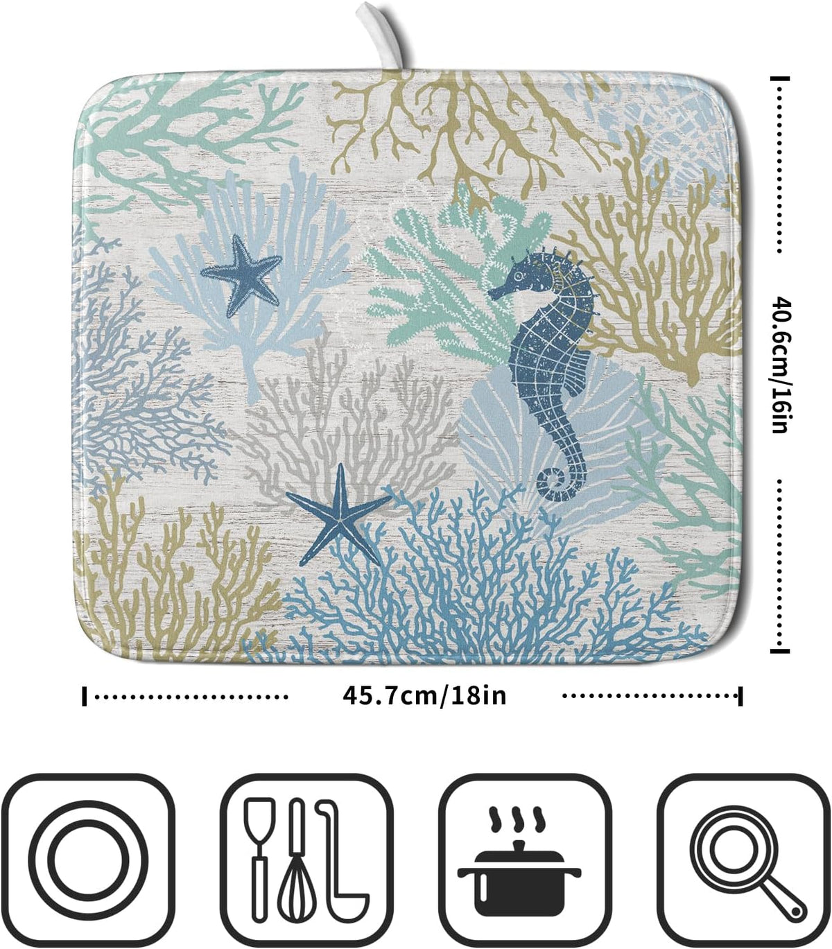 Blue Coral Dish Drying Mat Coastal Starfish Dishes Pad Hanging Drainer Mats Reversible Absorbent Kitchen Counter Protector 16x18 Inch