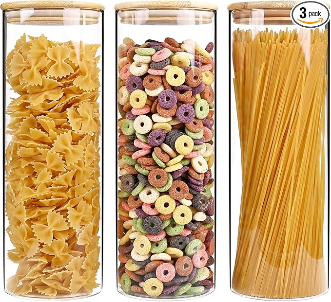 73oz Glass Pasta Storage Jars, Tall Glass Jars with Bamboo Lids, Spaghetti Container, Set of 3, Kitchen Storage Containers for Pasta, Pantry Organizers