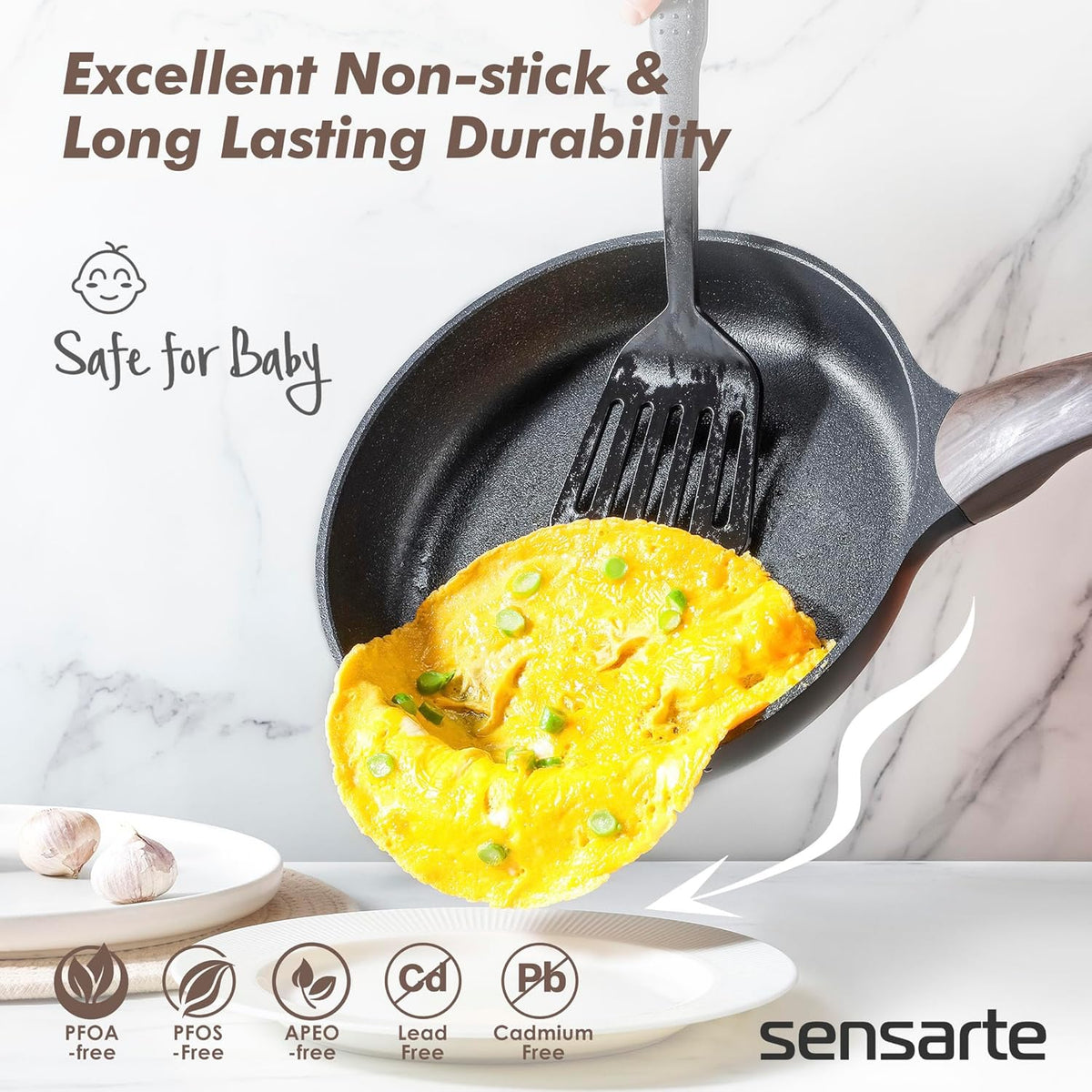 SENSARTE Pots and Pans Set Non stick, Non toxic Healthy Induction Cookware Sets, 14 Pcs Non Stick Kitchen Cooking Set with Frying Pans Set & Saucepan, PFOA PFOS APEO Free, Black