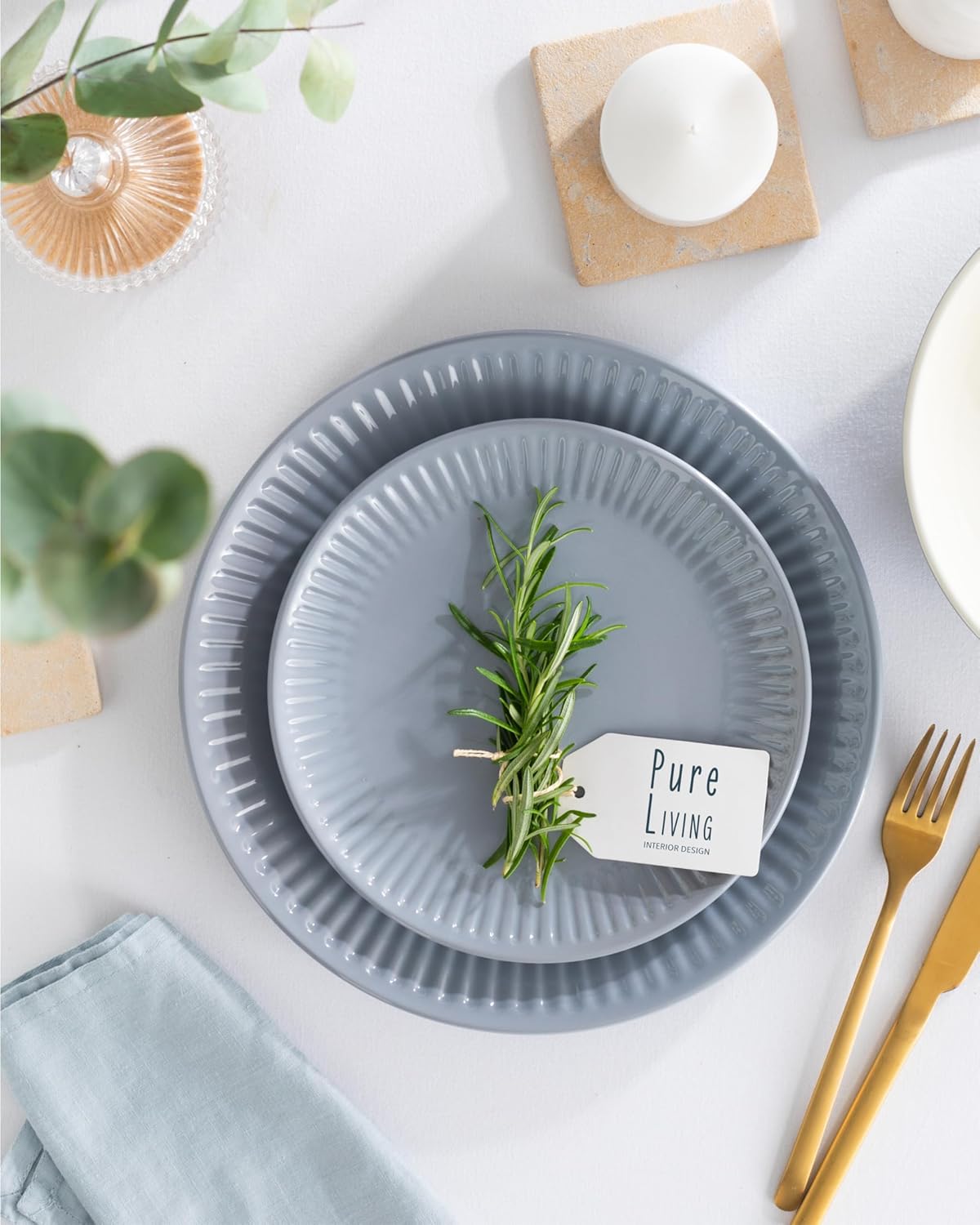 Stoneware Dinnerware Set for 8 People HYGGE 24-Piece - Elegant Scandi Design - Premium Dish Set - Bowl and Plate Set - Tableware for 8 People in a Ribbed Design - Pure Living in Gray-Blue