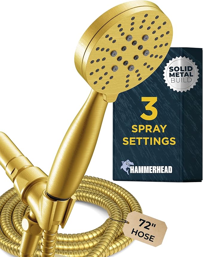 HammerHead Showers® Solid Metal 3-Spray Handheld Shower Head with Long Hose and Holder - BRUSHED GOLD - 2.5 GPM High Pressure Shower Head with Handheld Sprayer - WIDE, MASSAGE, and MIST Sprays