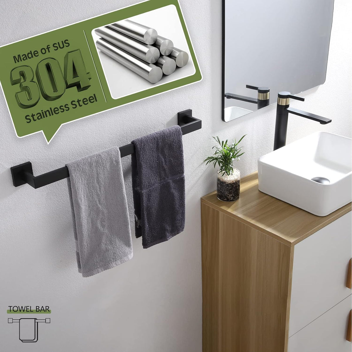 KOKOSIRI 20-Inch Single Towel Bar, Bathroom Kitchen Towel Holder, Wall Mounted SUS304 Stainless Steel Towel Rack 2 Pack, Matte Black, B4003BK-L20-P2