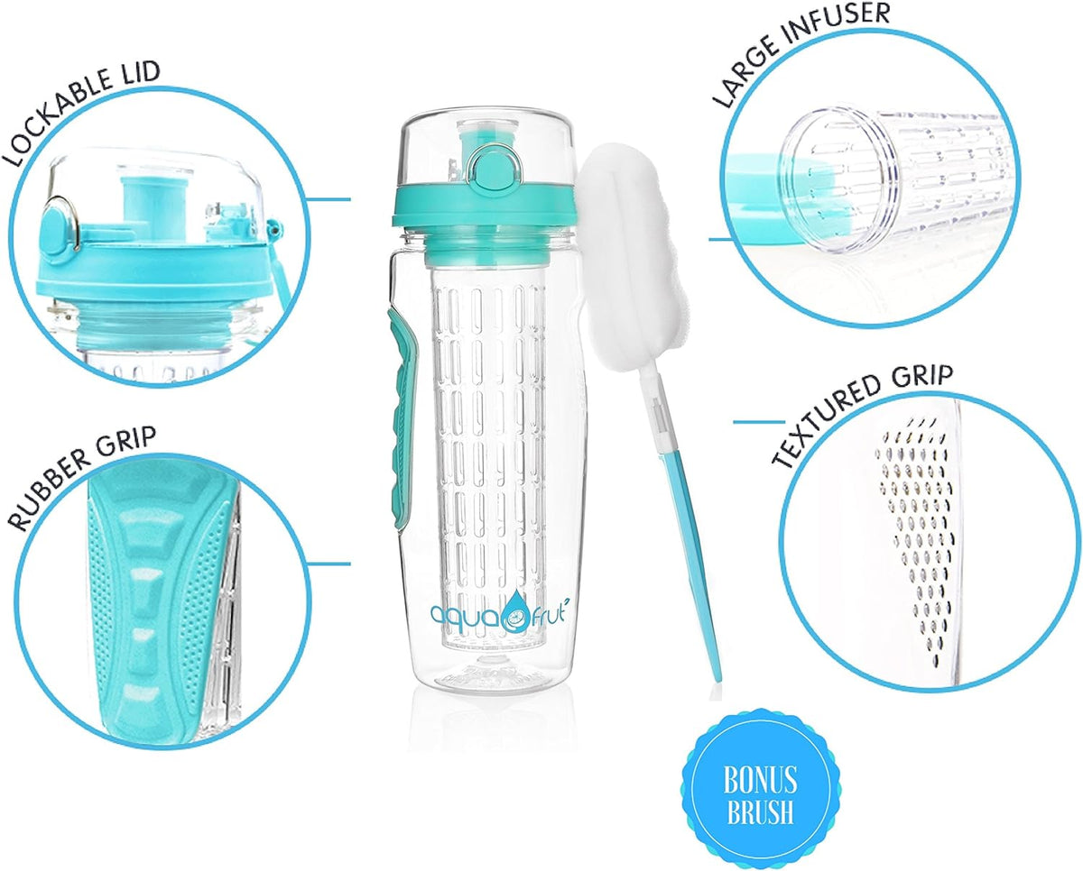 aquaFrut 32 OZ Fruit Infuser Water Bottle BPA-Free Fruit Infusion Sports Bottle - Flip Top Lid w Drinking Spout, Leak Proof, Made of Durable Tritan. Free Recipe eBook! (Teal)