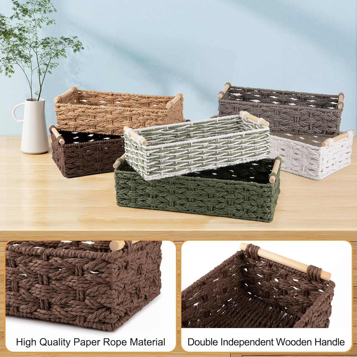 OIAHOMY Toilet Paper Baskets Handmade Paper Rope Decorative Wicker Storage Tank Shelf Cabinet Organizer for Bathroom Home, Set of 2, Brown