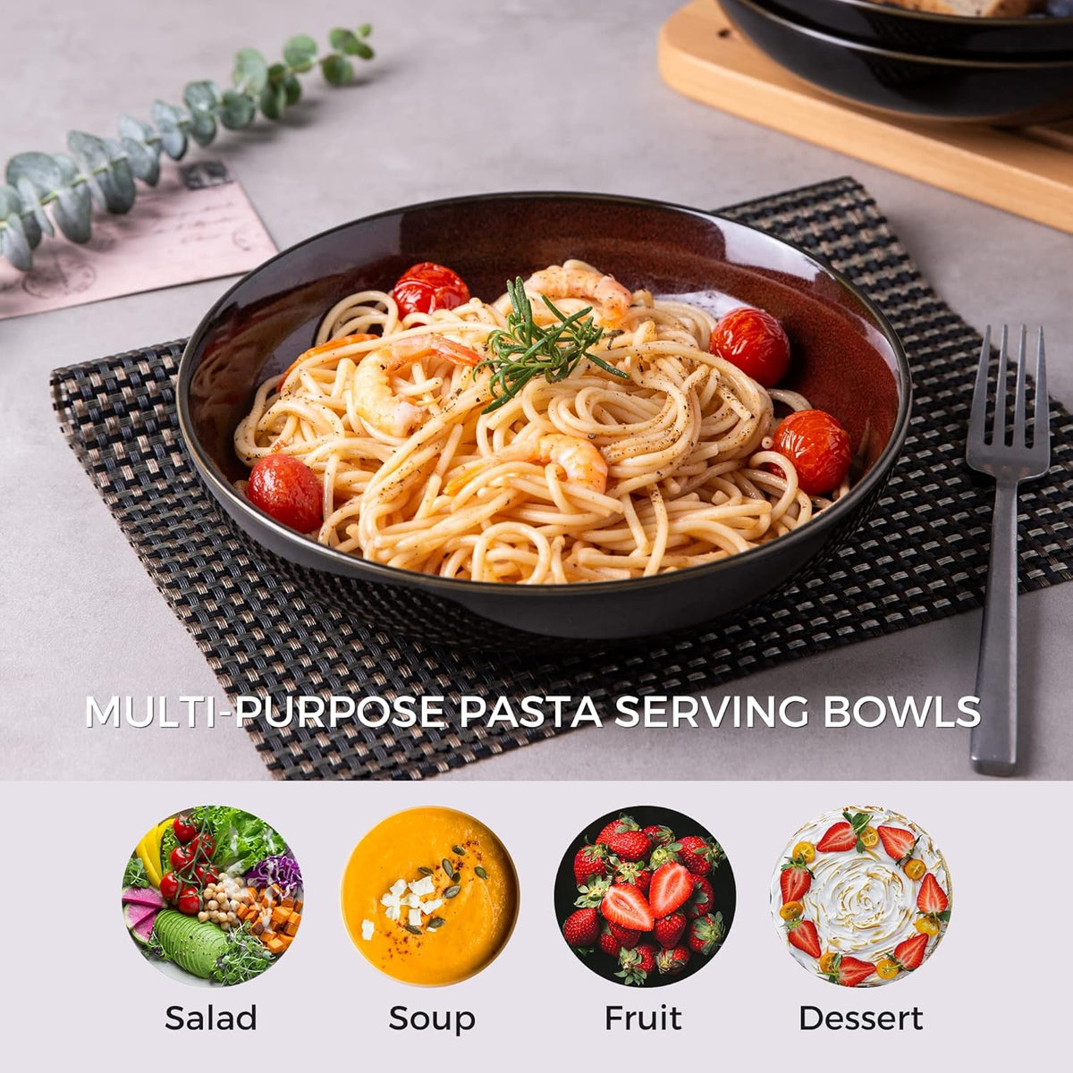LERATIO Large Pasta Bowls,38oz Ceramic Pasta Bowls,9.0" Reactive Glaze Pasta Bowl Set of 4,Microwave & Dishwasher,Oven Safe,Wide Serving Bowls for Salad,Dessert,Fruit-Reddish Brown