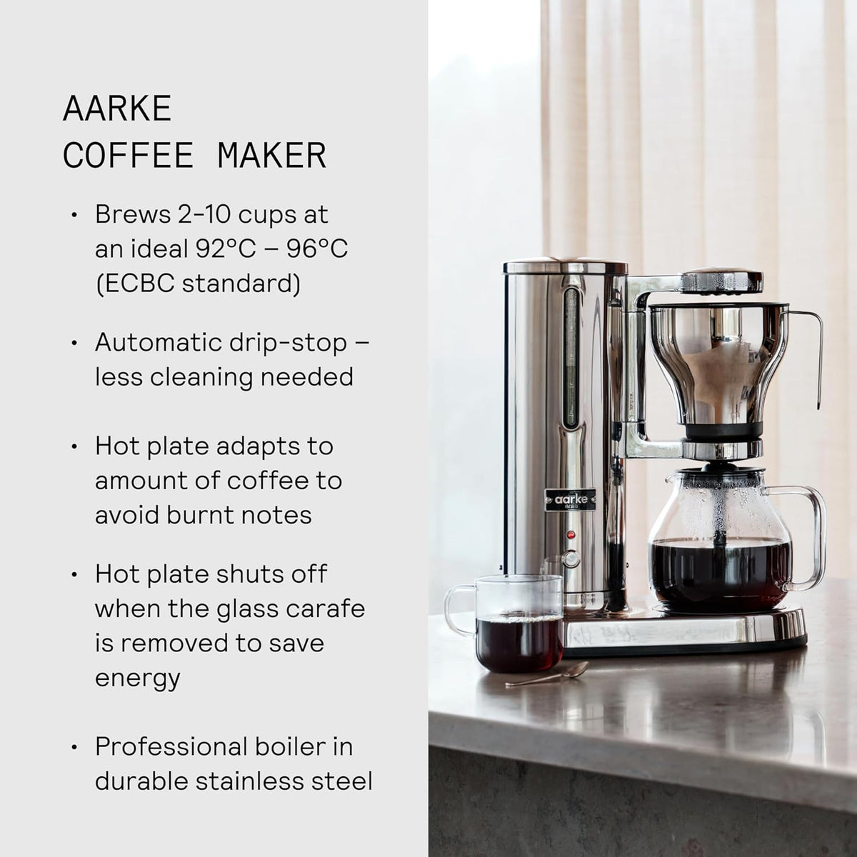 aarke Coffee Maker - Electric Drip Brewer with Automatic Drip-Stop, Stainless Steel Machine with 10 Cup Glass Carafe, Brews Full Pot in Under 6 Minutes