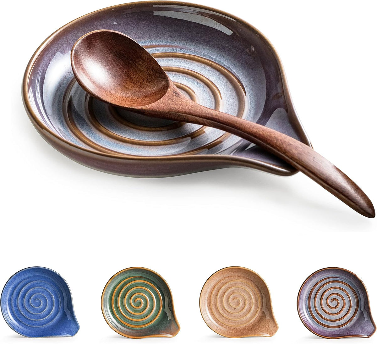 Spoon Rest, Ceramic Spoon Holder with Deep Drip Tray for Stove Top Utensils Holder for Countertop, with Handle for Easy Hold, Purple