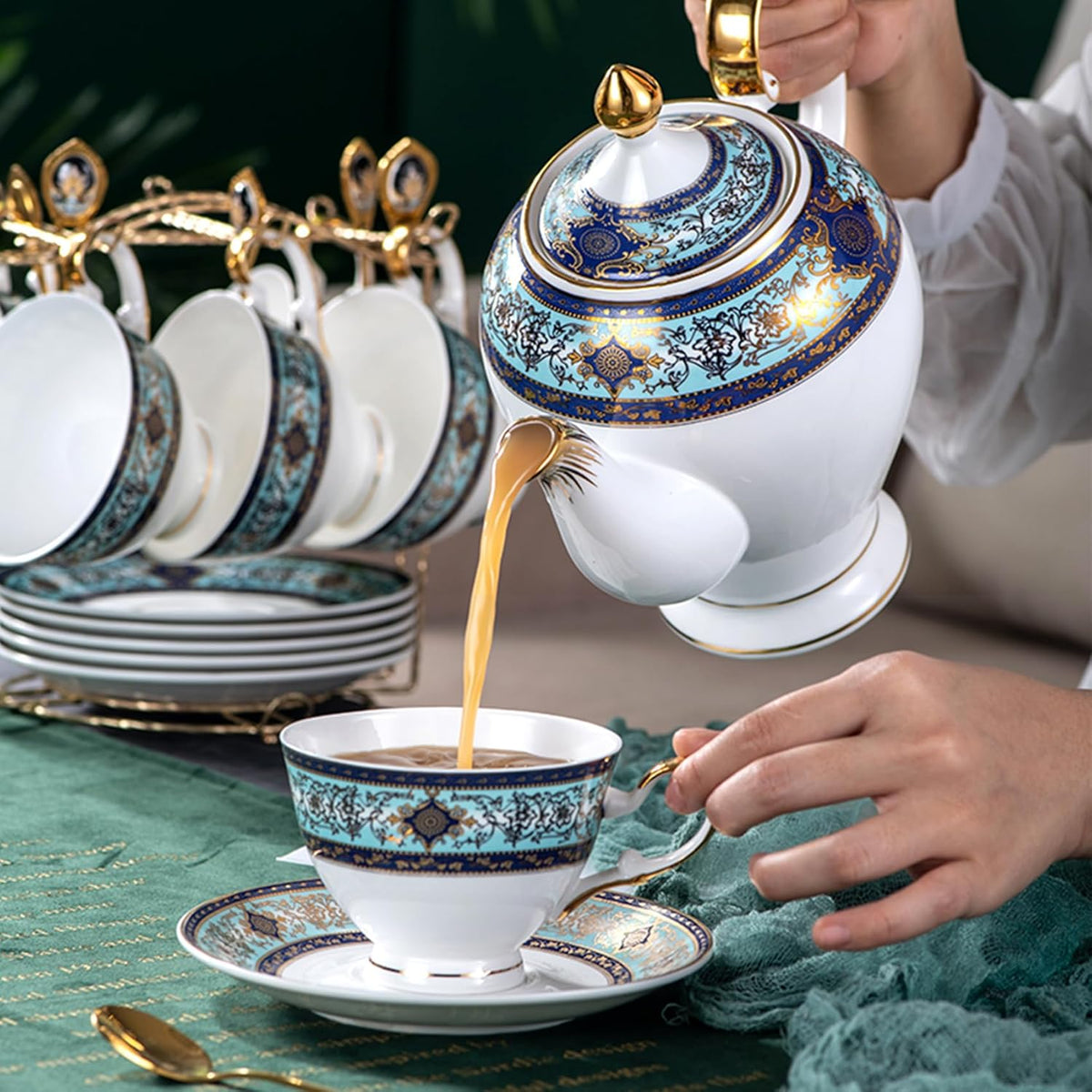 Euro Style Bone China Tea Set, 21 Piece Porcelain Tea Sets for 6 Adults, Bone China Tea Cup Set, Creamer Pitcher, Tea Set for Women Tea Party Set, Gift Package (21, Court)