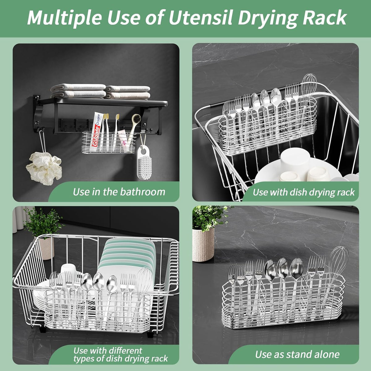 304 Stainless Steel Utensil Holder, Silverware Drying Rack with Hooks for Dish Drainer, Knife and Fork Drainer Basket with 3 Divided Compartments, Kitchen Drainage Basket Accessories, Rust Proof