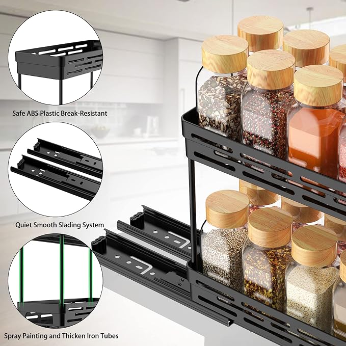 2 Pack Pull Out Spice Rack Organizer for Cabinet, 2Tier Slide Out Spice Racks Organizer, Spice Cabinet Organizers, Cabinet Size Need:12'' Highx11'' Deepx5'' Wide, Upgraded-Black