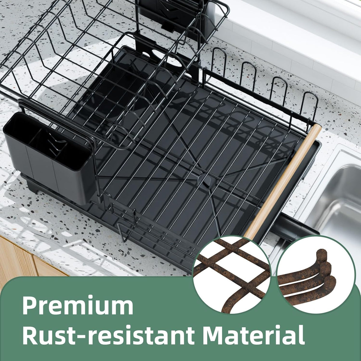 2 Tier Dish Drying Rack, Drying Rack with Automatic Drainboard, Dish Racks for Kitchen Counter, Rustproof Dish Drainer with Removable Utensil Holder, Cups Holder,Black