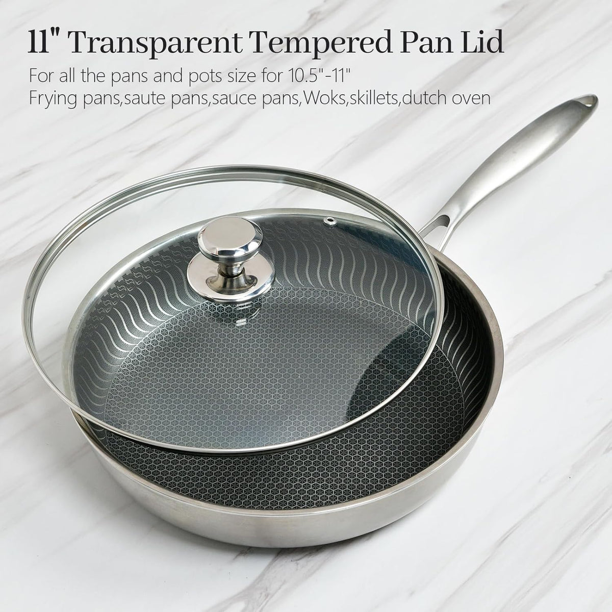 11 In Glass Lid for Frying Pan, Tempered Replacement Cover Compatible with All 11" Cookware for Skillets, Round Cast Iron, Cast Aluminium, Stainless Steel Pans &Pots, 10.8in/ 276mm - 11.2in/292mm